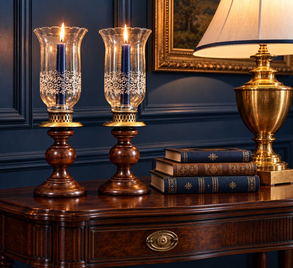 Vintage Hurricane Candle Holders Turned Wood Etched Glass Brass Pair 12 Inch